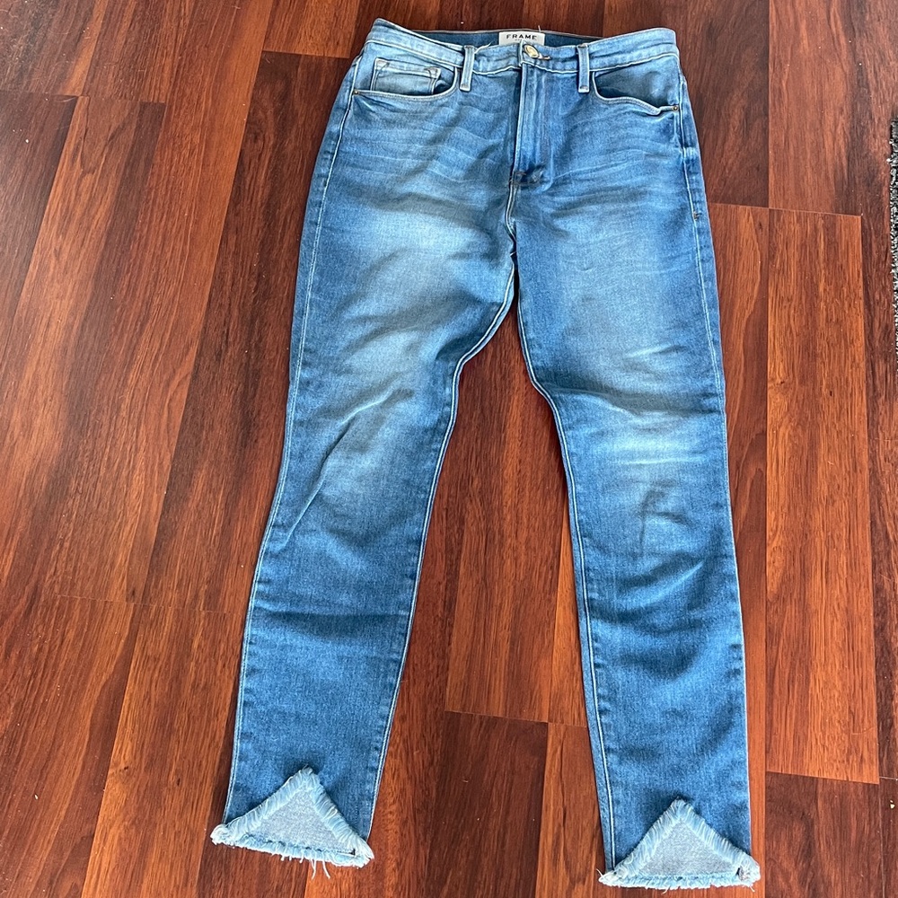 Frame Triangle Fringe At Ankle DenimBlue High-Rise Jeans